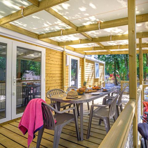 Stacaravan 5 personen - Gezin 2bed-CLIM-terras XXL Couverte-TV-LV-plancha-28m² | PREMIUM