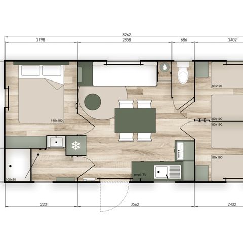 Stacaravan 7 personen - COMFORT - 3 slaapkamers met airconditioning +TV - 2026