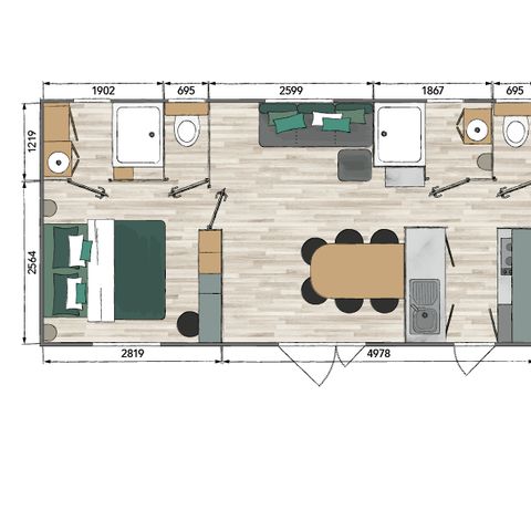Stacaravan 6 personen - NIEUW // Premium Cottage 3 slaapkamers - 2 badkamers + 2 toiletten + Halfoverdekt terras + Airconditioning + TV