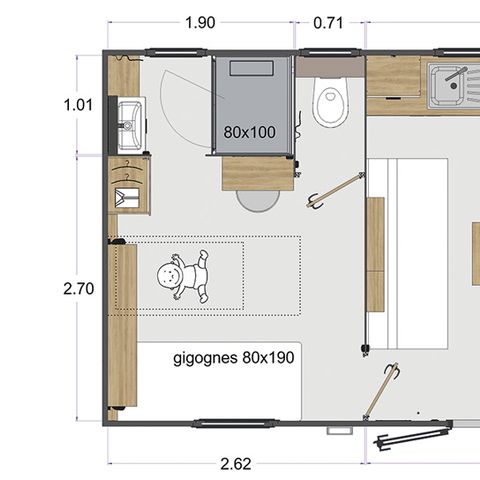 Stacaravan 4 personen - "Olivier" (2023) Zondag, 2 slaapkamers 2 badkamers, grote woonkamer (tv), terras