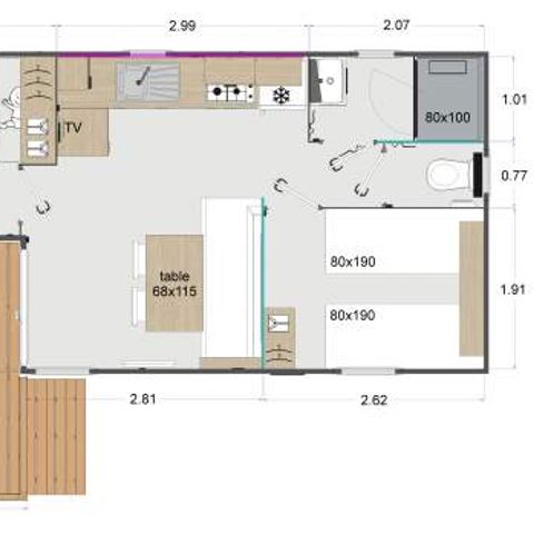 Stacaravan 4 personen - L'ACACIA (2 slaapkamers) laatste generatie (2023) - ingebouwd terras - TV