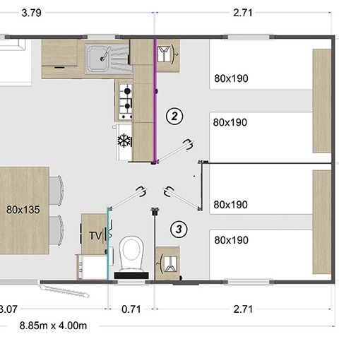 Stacaravan 6 personen - Mobile-home TOBAGO**** 6 slaapplaatsen