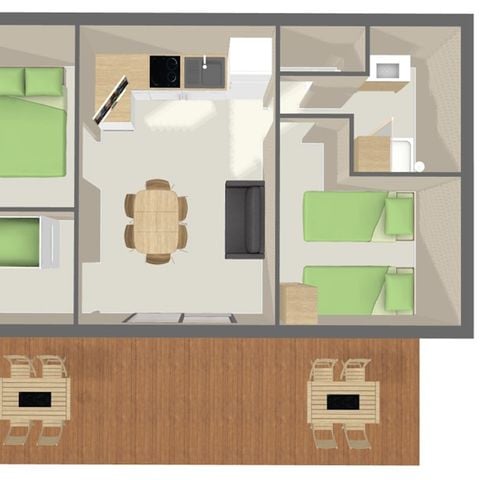 Chalet 7 personen - COMFORT 48 m² (3 slaapkamers) met overdekt terras 16m².
