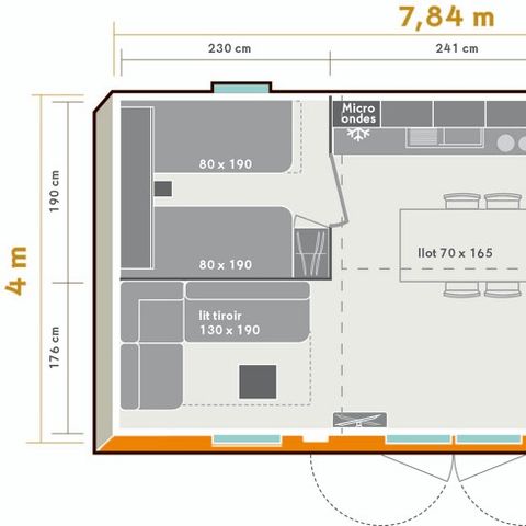 Stacaravan 6 personen - Stacaravan 28m² (2 slaapkamers) + groot halfoverdekt terras van 15m2