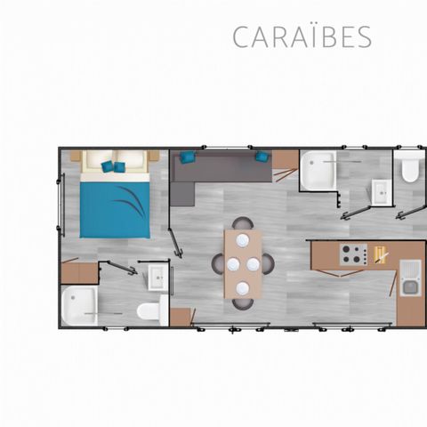 Stacaravan 8 personen - Premium Caraïbes - 6/8Pers 3Ch 2Sde 40m2
