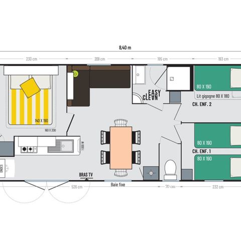 Stacaravan 6 personen - MOBIL HOME CONFORT+ DIM inductiekookplaat koelkast vaatwasser broodrooster waterkoker haardroger servies televisie