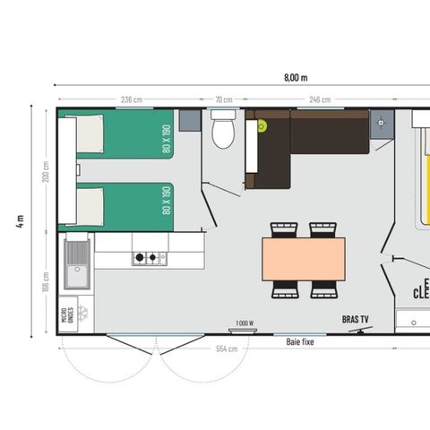 Stacaravan 4 personen - MOBIL HOME CONFORT + SAM 2 slaapkamers inductiekookplaat vaatwasser haardroger broodrooster waterkoker televisie koelkast