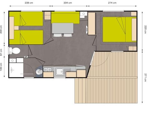 Stacaravan 4 personen - Premium Capucine - 2 slaapkamers + halfoverdekt terras
