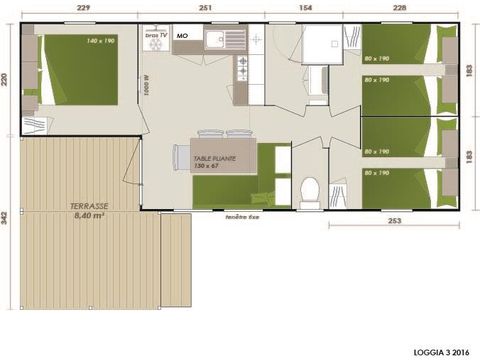 Stacaravan 6 personen - Gezin 3bed-CLIM-terras XXL couverte-TV-LV-plancha-30m² | PREMIUM