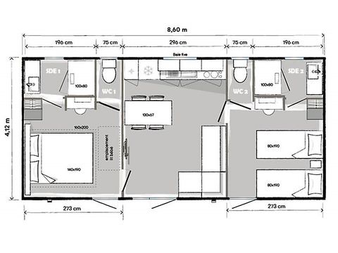 Stacaravan 5 personen - PREMIUM - 2 slaapkamers met airconditioning +TV+Gaskookplaat + 2 badkamers