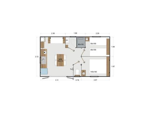 Stacaravan 4 personen - Cabane Surfer 2 slaapkamers - 25 m² + halfoverdekt terras