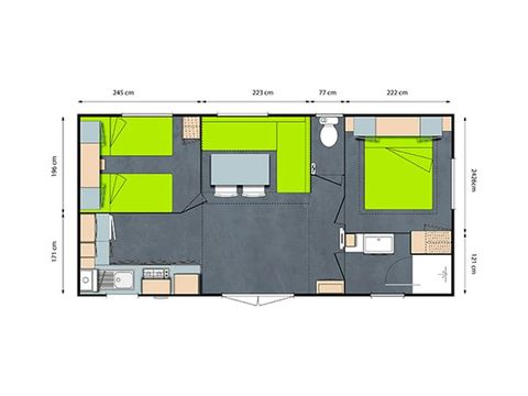 Stacaravan 4 personen - Grand Confort - 2 slaapkamers - TV
