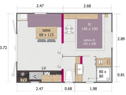 Stacaravan 2 personen - 1 tweepersoonsslaapkamer