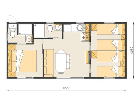 Stacaravan 6 personen - Mobile-home | Comfort XL | 3 slaapkamers | 6 pers | Verhoogd terras | 2 badkamers | Airconditioning | TV