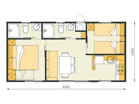 Stacaravan 4 personen - Stacaravan | Comfort XL | 2 slaapkamers | 4 pers | Verhoogd terras | 2 badkamers | Airconditioning | TV
